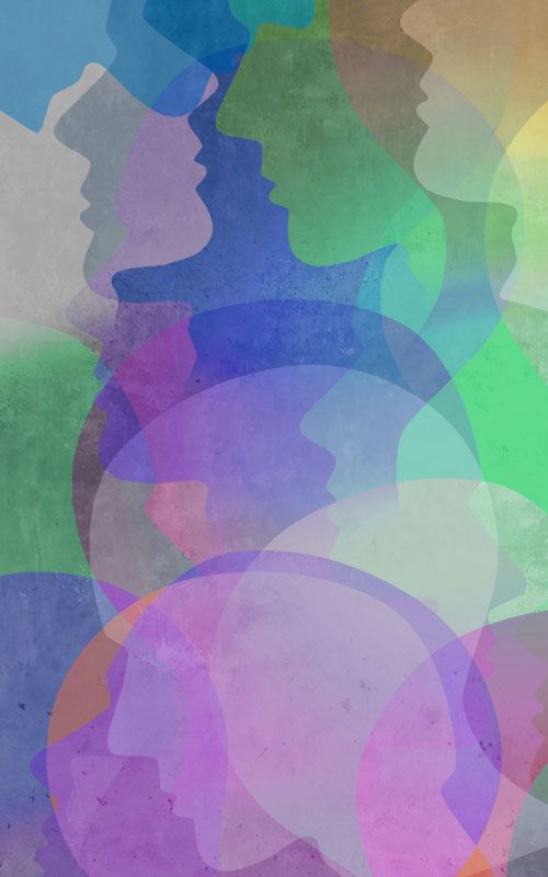Colourful painting with multiple silhouettes of faces
