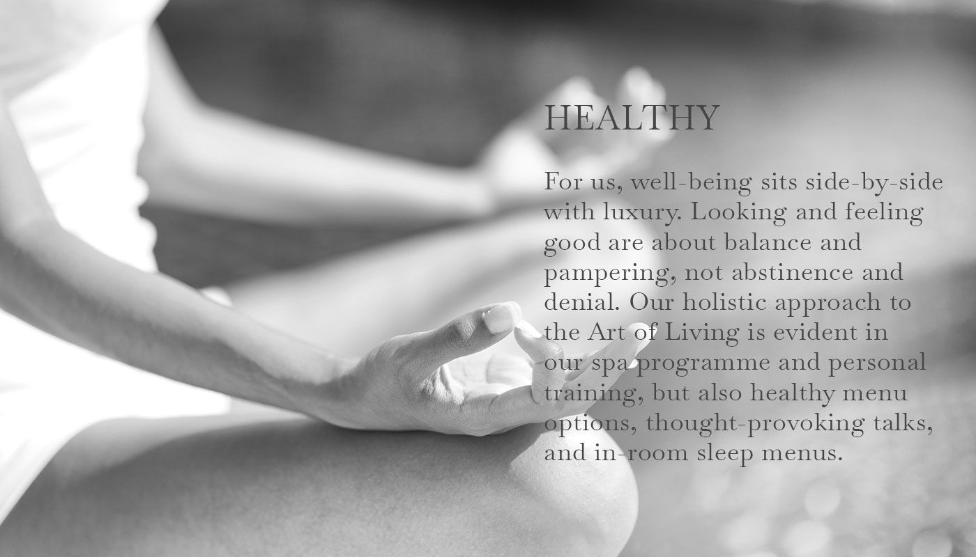 A black and white photo of a person meditating with a text on the topic "Healthy"