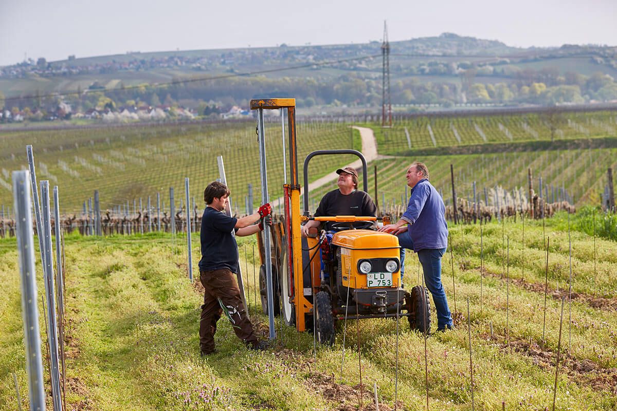 Men working with a tractor on a farm.