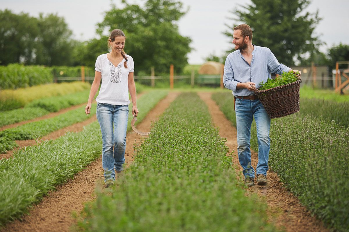 A woman and a man walking on a farm