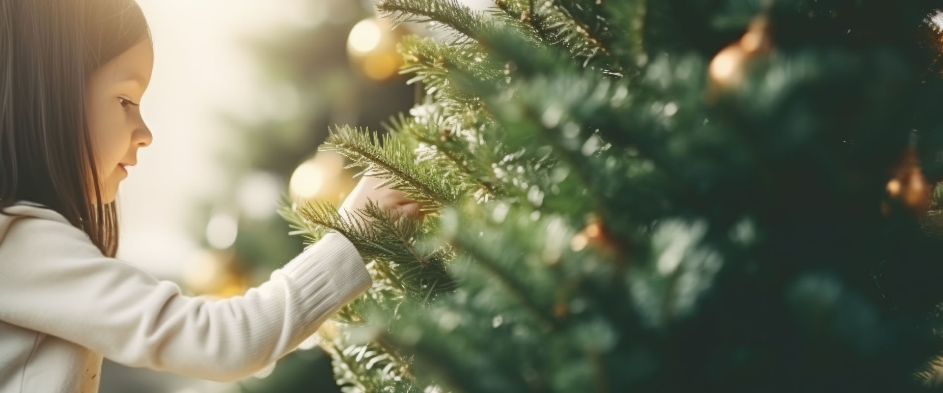 A girl decorates a Christmas tree